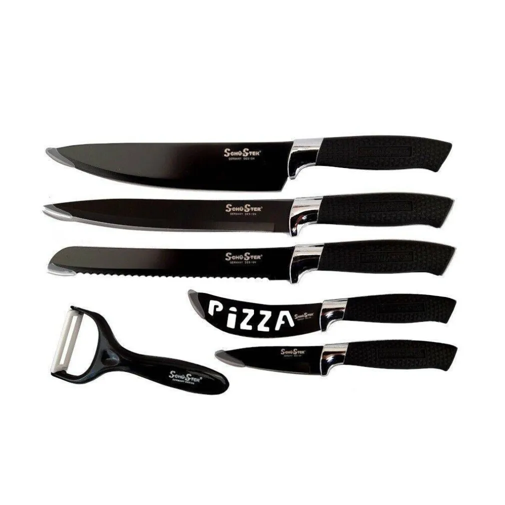 SET 5 COLTELLI NERI DA CUCINA IN ACCIAIO MANICO ANTISCIVOLO + PELAPATATE BLACK