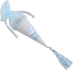 SET 12 CONI PORTA CONFETTI BOMBONIERA NASCITA BATTESIMO BIMBO MASCHIO AZZURRO