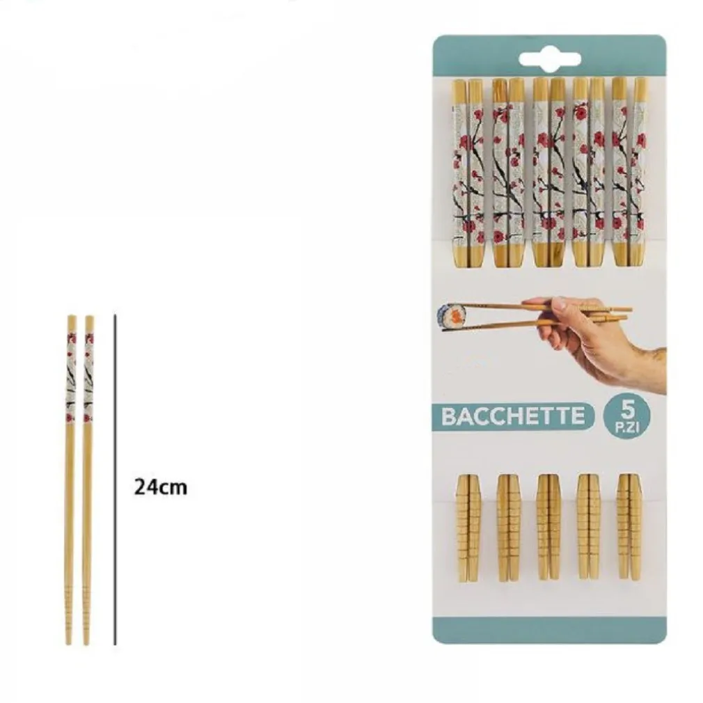 SET 5 COPPIE 10 BACCHETTE LEGNO CINESI GIAPPONESI POSATE CUCINA 24CM FIORI 74189