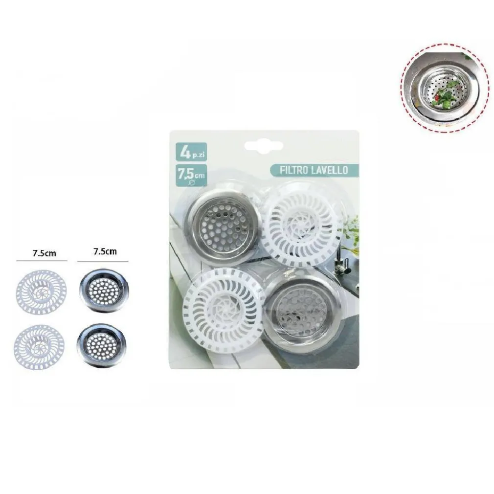 SET 4 FILTRI LAVELLO CUCINA BAGNO DOCCIA SCARICO LAVANDINO 40104 PLASTICA ACCIAIO