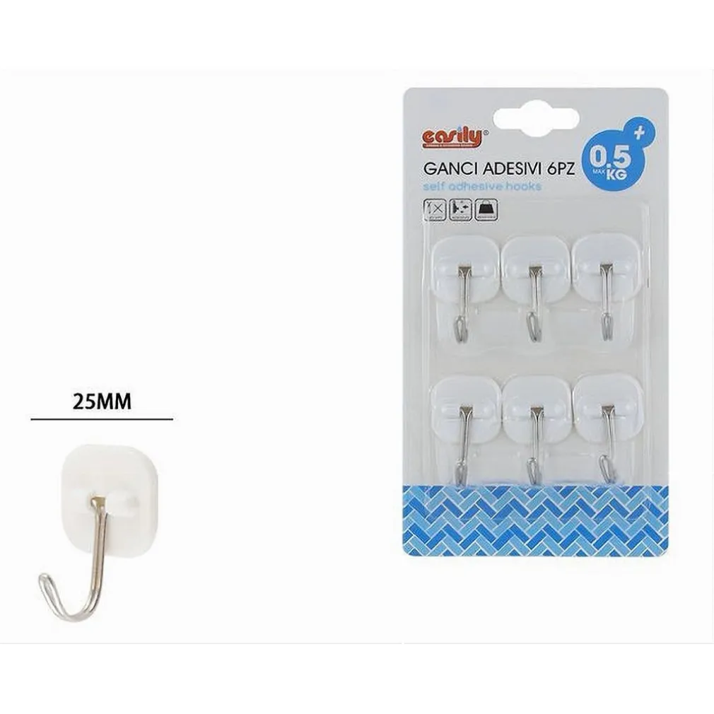SET 6 GANCI APPENDINI ADESIVI PARETE CASA BAGNO ATTACCAPANNI GANCIO ACCIAIO 87368