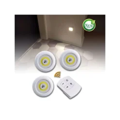 SET 3 LUCI LED COB CON TELECOMANDO LUCE REGOLABILE LAMPADA DISCO ARMADIO TX-9728