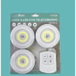 SET 3 LUCI LED COB CON TELECOMANDO LUCE REGOLABILE LAMPADA DISCO ARMADIO TX-9728