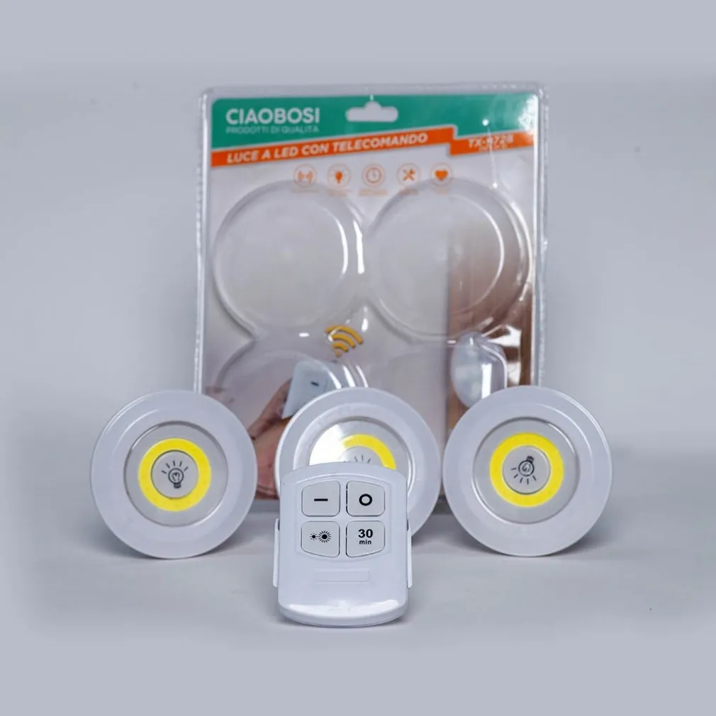 SET 3 LUCI LED COB CON TELECOMANDO LUCE REGOLABILE LAMPADA DISCO ARMADIO TX-9728