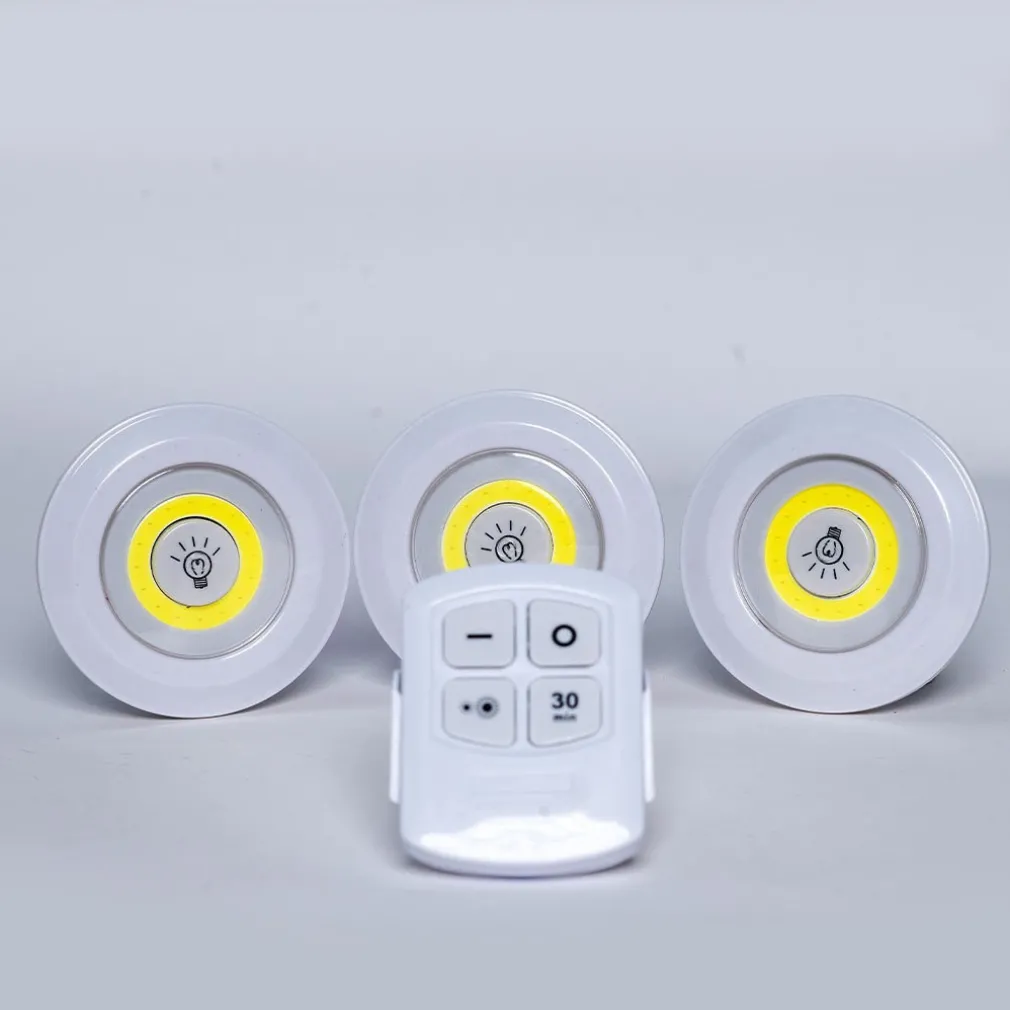 SET 3 LUCI LED COB CON TELECOMANDO LUCE REGOLABILE LAMPADA DISCO ARMADIO TX-9728