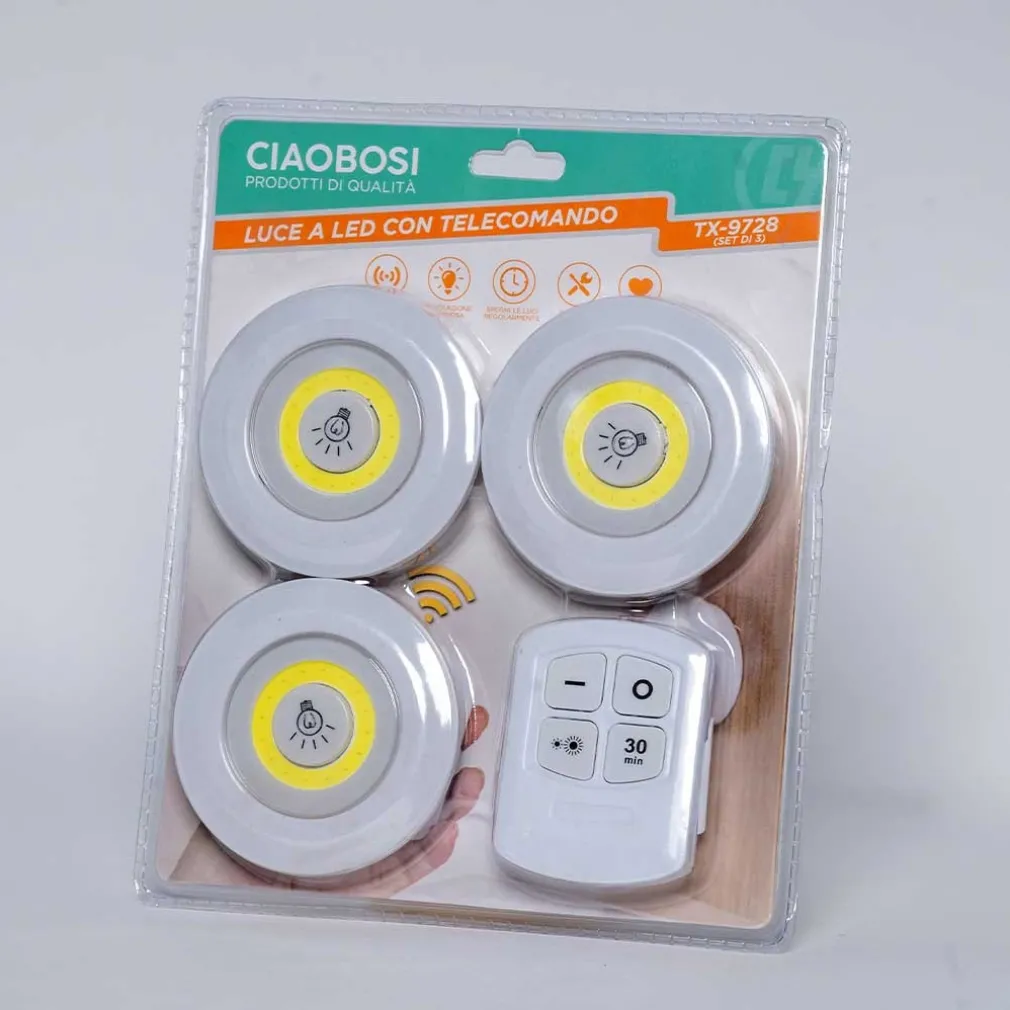 SET 3 LUCI LED COB CON TELECOMANDO LUCE REGOLABILE LAMPADA DISCO ARMADIO TX-9728