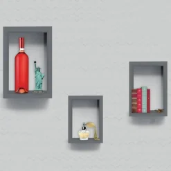SET 3 MENSOLE DA MURO A PARETE DESIGN MODERNO CUBO RETTANGOLARE IN LEGNO GRIGIO