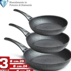 SET 3 PADELLE 20 24 28CM RIVESTITE CON POLVERE DI DIAMANTE PADELLA ANTIADERENTE