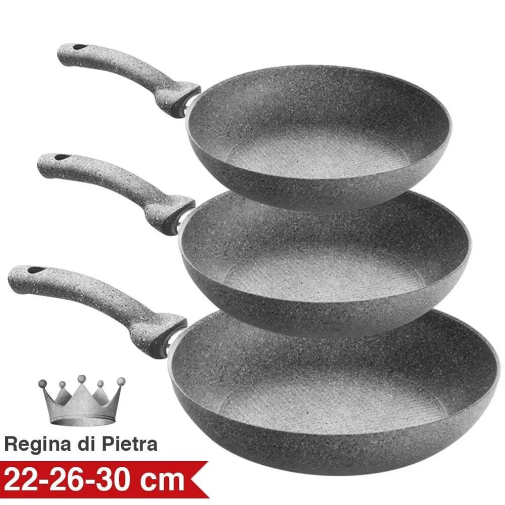 SET 3 PADELLE IN PIETRA ANTIADERENTI REGINA DI PIETRA DIAMETRO 22 - 26 - 30 CM