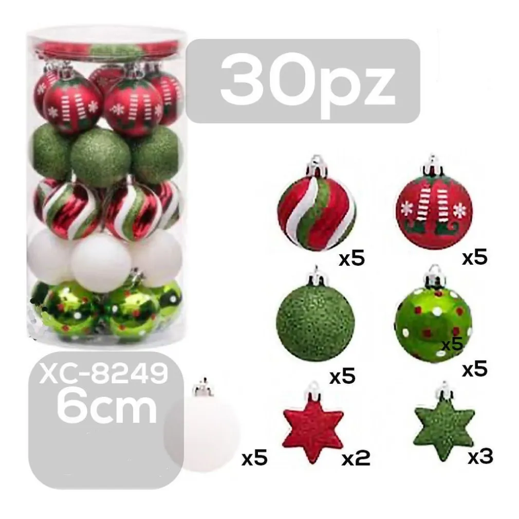 SET 30 PALLINE NATALIZIE DECORAZIONI 6 CM ADDOBBI PER ALBERO DI NATALE XC-8249