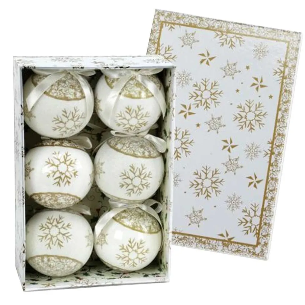 SET 6 PALLINE NATALIZIE FIOCCO DI NEVE ORO 7,5CM CON NASTRO DECORAZIONI NATALE