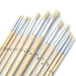 SET 12 PENNELLI PENNELLO PUNTA TONDA MANICO LEGNO LUNGO PITTURA ARTE DECOUPAGE