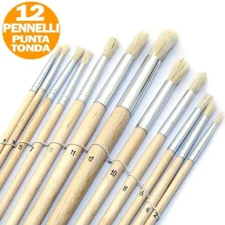 SET 12 PENNELLI PENNELLO PUNTA TONDA MANICO LEGNO LUNGO PITTURA ARTE DECOUPAGE