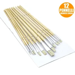 SET 12 PENNELLI PIATTI MANICO LEGNO LUNGO SPESSORE 1-12MM HOBBY PITTURA