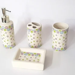 SET 4 PEZZI BAGNO CERCHI COLORATI ESY_52100 CERAMICA DISPENSER SAPONE SPAZZOLINI
