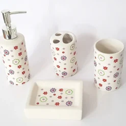 SET 4 PEZZI BAGNO FIORI COLORATI ESY_52100 CERAMICA DISPENSER SAPONE SPAZZOLINI