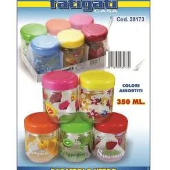 SET 6 PEZZI BARATTOLI CONTENITORI IN VETRO COLORATI COPERCHIO PLASTICA 350ML