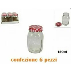 SET 6 PEZZI BARATTOLO VETRO CONTENITORE CON TAPPO COLORATO TOVAGLIA 150ML