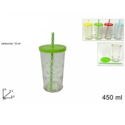 SET 2 PEZZI BICCHIERE BICCHIERI DI VETRO CON COPERCHIO CANNUCCIA COLORATA 450 ML