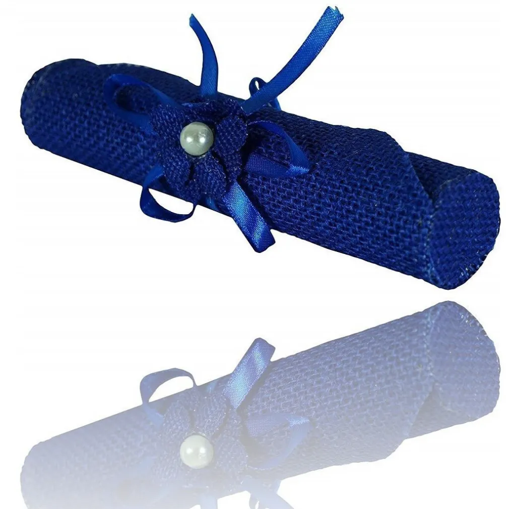 SET 6 PEZZI BOMBONIERA BOMBONIERE PERGAMENA JUTA BLU INVITO PORTACONFETTI