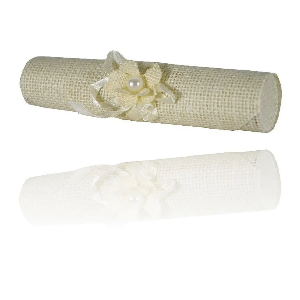 SET 6 PEZZI BOMBONIERA BOMBONIERE PERGAMENA JUTA BIANCO INVITO PORTACONFETTI