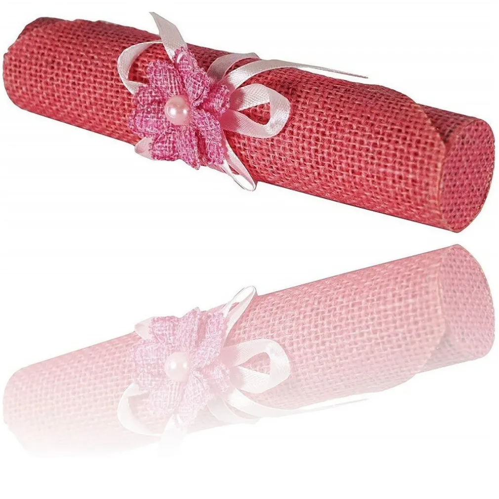 SET 6 PEZZI BOMBONIERA BOMBONIERE PERGAMENA JUTA ROSA INVITO PORTACONFETTI