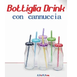 SET 2 PEZZI BOTTIGLIA CON TAPPO COLORATO FANTASIA BAMBINI CANNUCCIA BIBITE DRINK