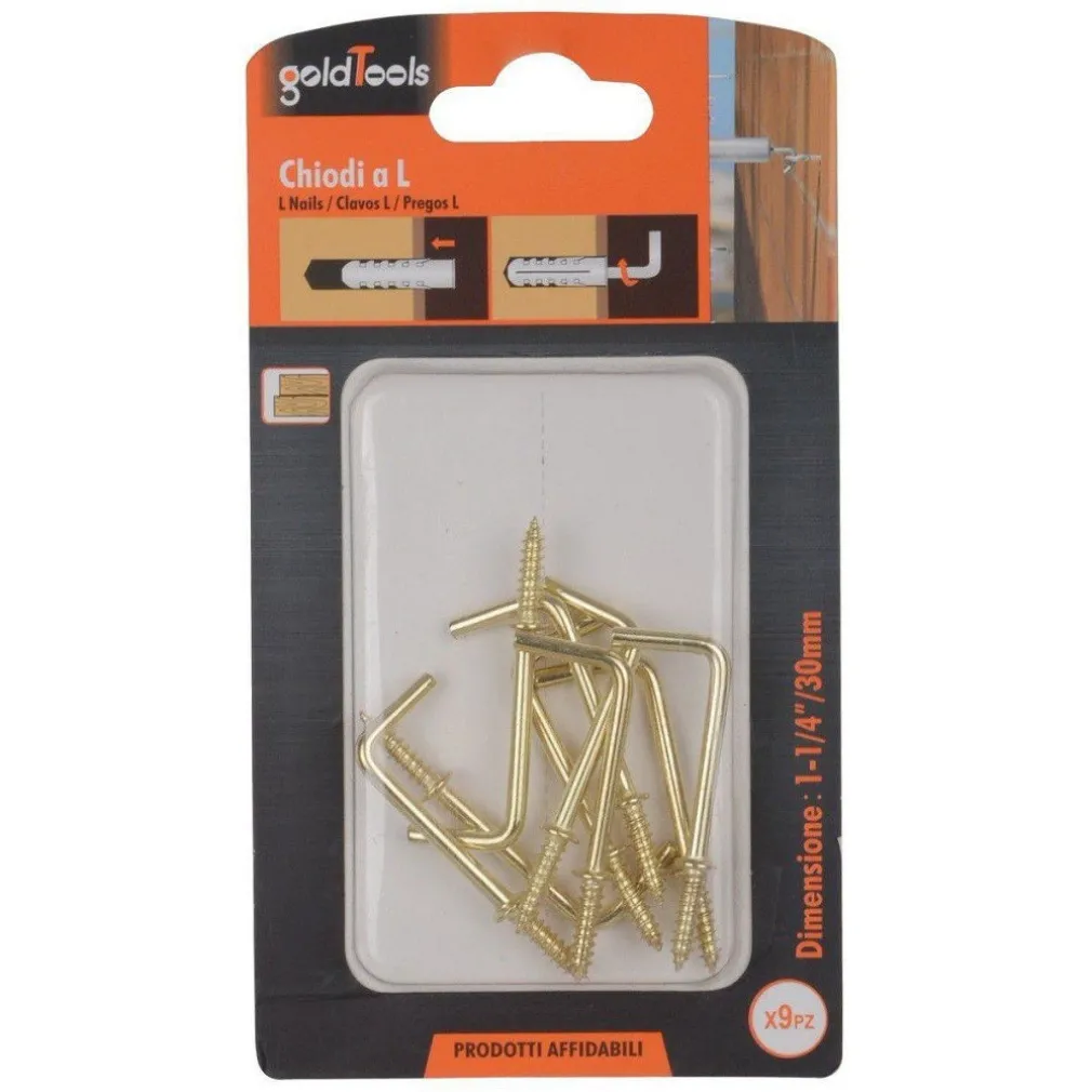 SET 9 PEZZI CHIODI GANCIO A VITE FILETTATE A FORMA DI L 1-1/4" 30MM DORATO 90802