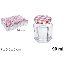 SET 24 PEZZI CONTENITORE BARATTOLO ESAGONALE IN VETRO CON COPERCHIO 90ML 110808