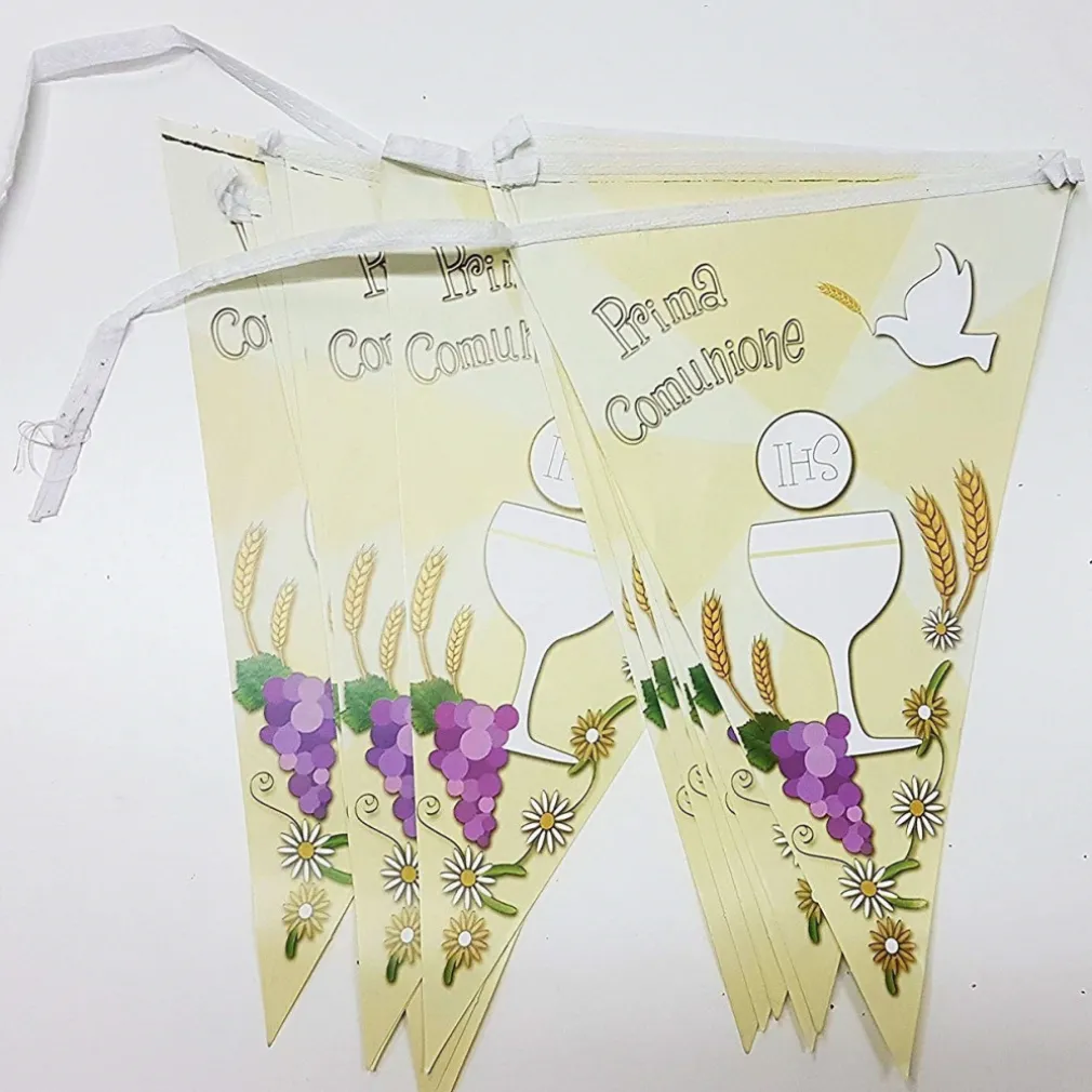 SET 3 PEZZI FESTONI COMUNIONE BIANCO GIALLO 12 BANDIERINE ADDOBBI PRIMA FESTONE