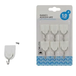 SET 6 PEZZI GANCI GANCIO ATTACCAPANNI ADESIVO PARETE LEGNO PORTE FASHION 59670