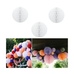 SET 3 PEZZI PENDENTE PON PON BIANCO PALLA ADDOBBO IN CARTA 25 CM LANTERNA