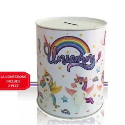 SET 2 PEZZI SALVADANAIO LATTA MINI MONETE BANCONOTE APERTURA DISEGNI MISTI 11 CM