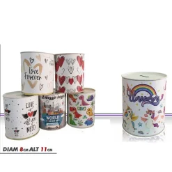 SET 2 PEZZI SALVADANAIO LATTA MINI MONETE BANCONOTE APERTURA DISEGNI MISTI 11 CM