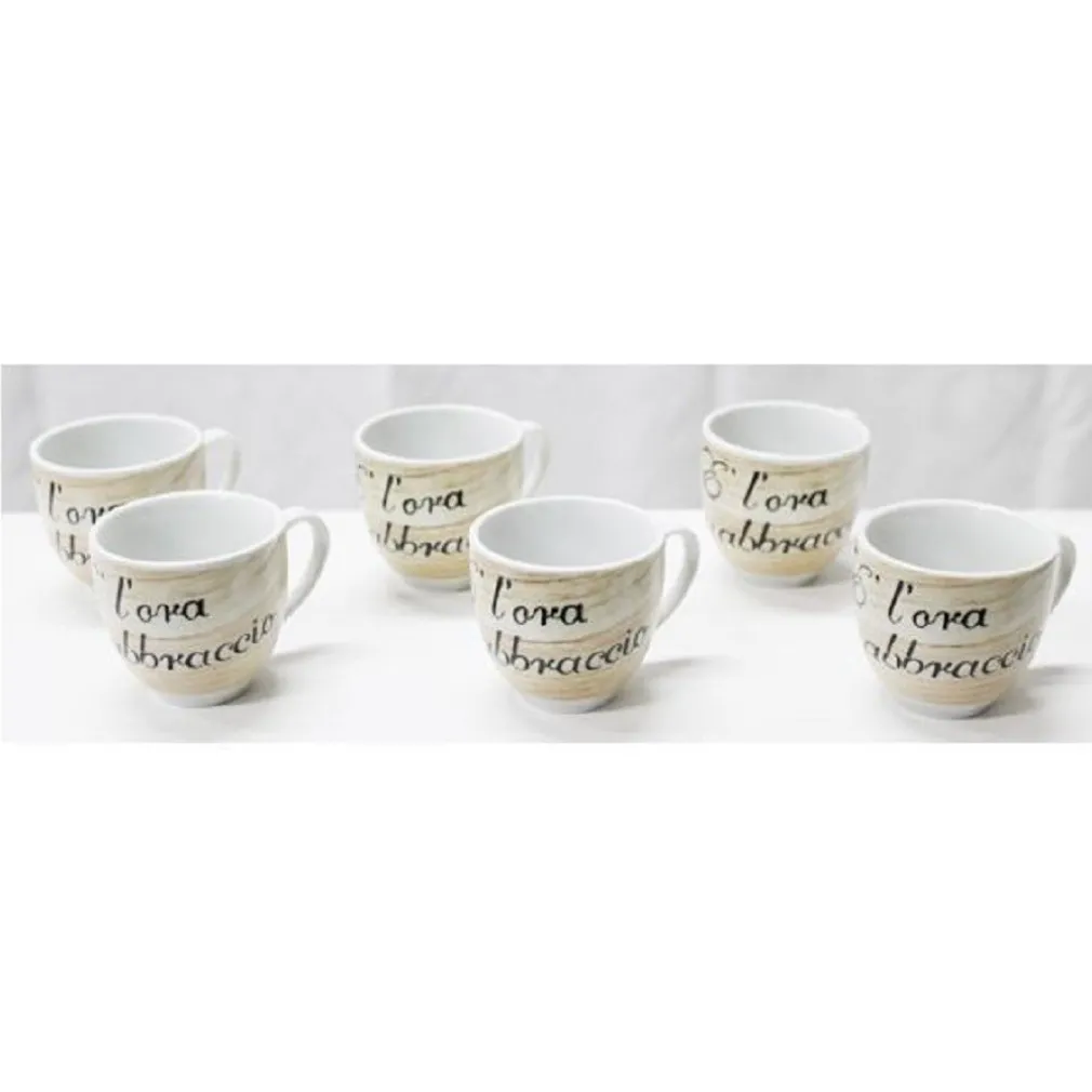 SET 6 PEZZI TAZZINE TAZZE DA CAFFÈ CERAMICA SCRITTA L'ORA ABBRACCIO ESPRESSO BAR