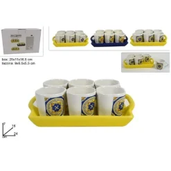 SET 6 PEZZI TAZZINE TAZZE SERVIZIO TÈ CAFFÈ CON VASSOIO CON DECORO MAIOLICA