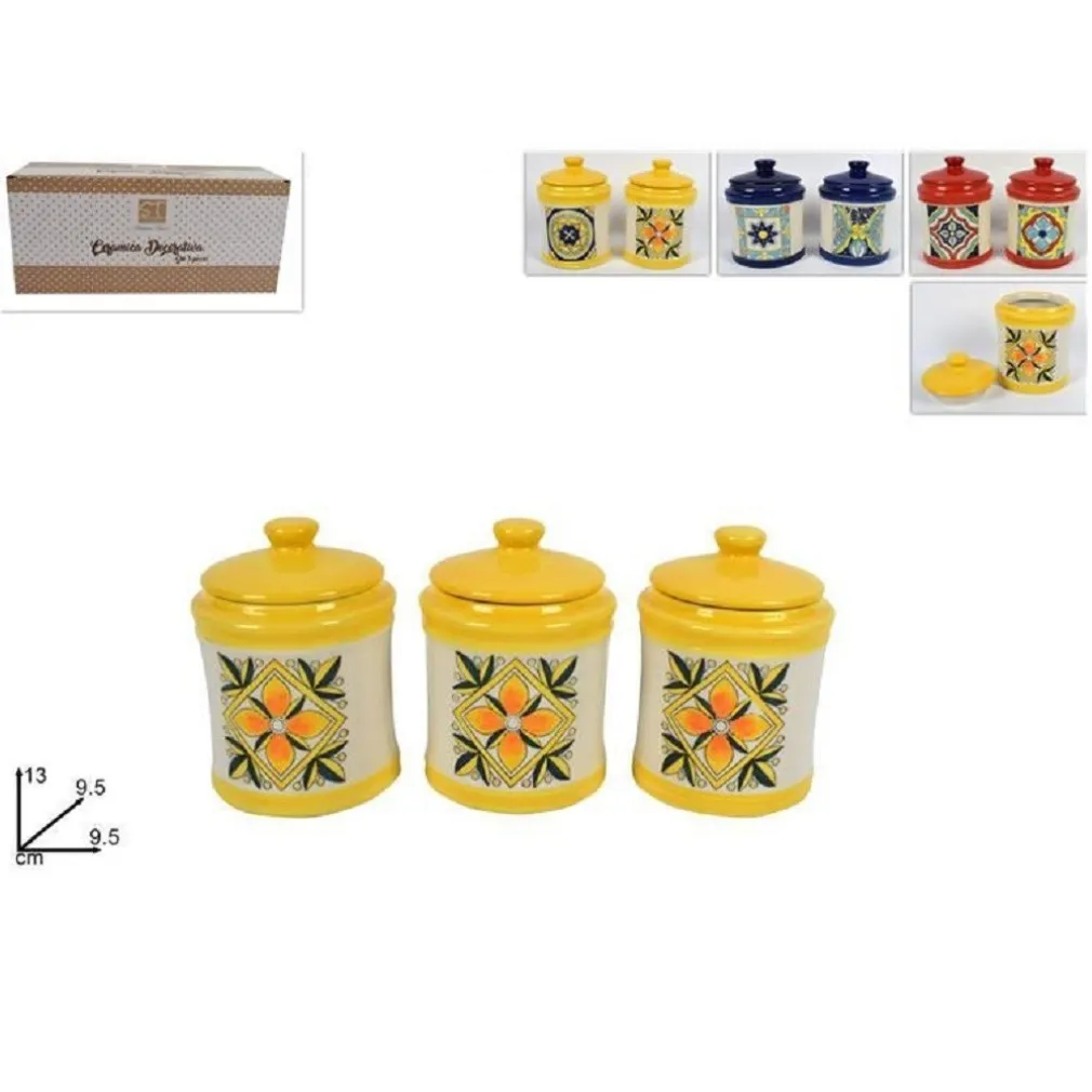 SET 3 PEZZI TRIS BARATTOLI COLORATI IN CERAMICA CON DECORO FANTASIA MAIOLICA