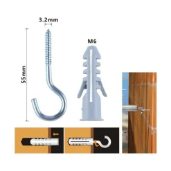 SET 8 PEZZI VITI VITE A GANCIO 3.2X55 MM + TASSELLI CON ALETTE TASSELLO M6 90738