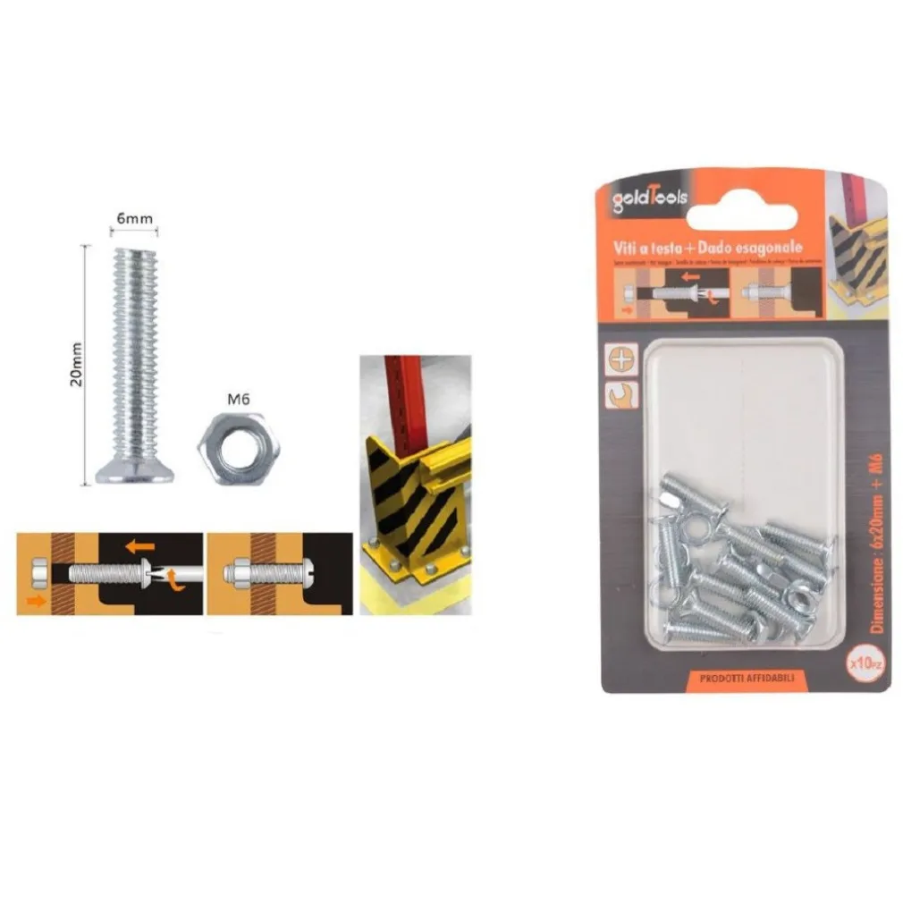 SET 10 PEZZI VITI VITE A TESTA A CROCE PIATTA 6X20MM CON DADO ESAGONALE M6 90943