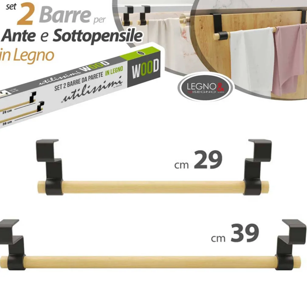 SET 2 PORTA ASCIUGAMANI STROFINACCI IN LEGNO PER ANTE PORTE CON AGGANCIO RAPIDO