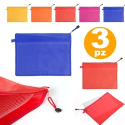 SET 3 PORTADOCUMENTI BUSTA PVC ZIP TASCA INTERNA RETE 37.5x27CM APPUNTI CARTELLA