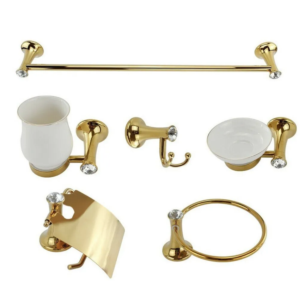 SET 6 PZ ACCESSORI BAGNO IN ORO E CERAMICA CON PUNTI LUCE CRISTALLI IN ACRILICO