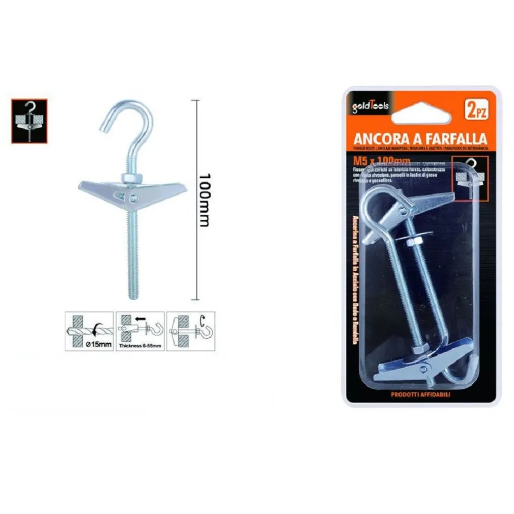 SET 2 PZ ANCORA A FARFALLA CON GANCIO ACCIAIO CON DADO RONDELLA M5X100 MM 57229