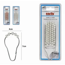 SET 12 PZ ANELLI GANCIO TENDA DOCCIA METALLO CON PERLINE BAGNO BOX DOCCIA 59778