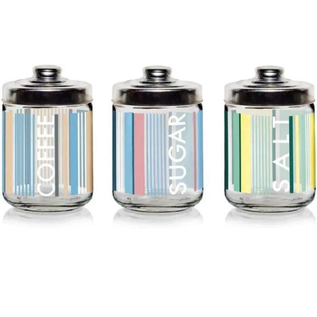 SET 3 PZ BARATTOLI CONTENITORI DA CUCINA IN VETRO TEXTILENE SALE CAFFÈ ZUCCHERO