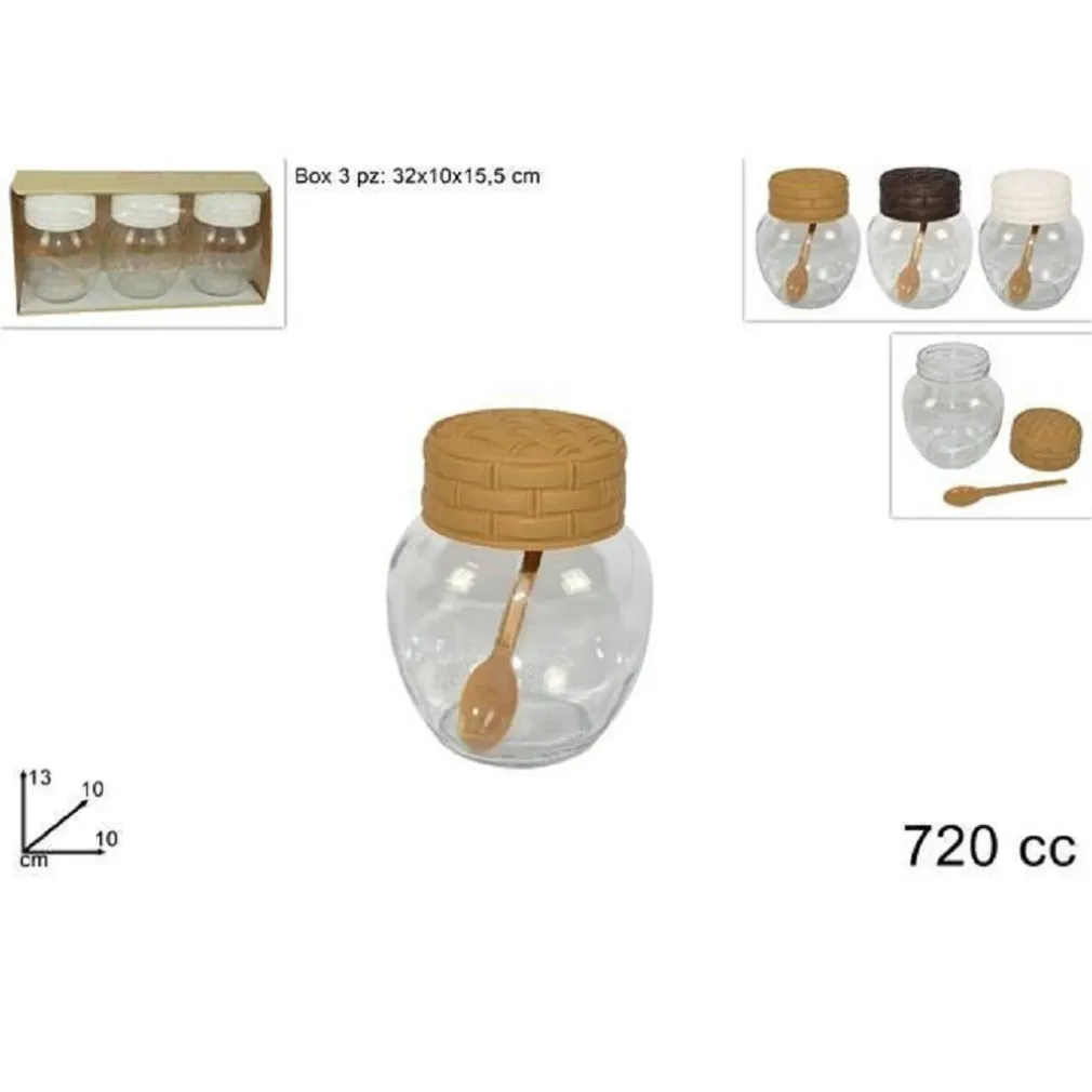 SET 3 PZ BARATTOLI IN VETRO 720CC CON COPERCHIO CUCCHIAINO CONTENITORI 720150