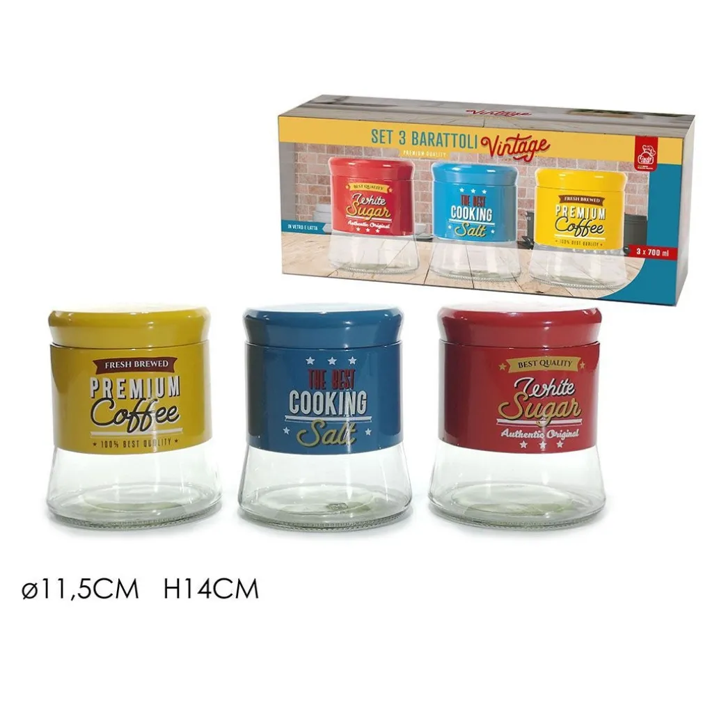 SET 3 PZ BARATTOLI IN VETRO LATTA DECORATI CON ETICHETTE IN STILE VINTAGE CAPACITÀ 700 ML