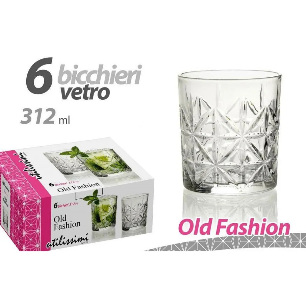 SET 6 PZ BICCHIERI DECORO OLD FASHION VETRO TRASPARENTE ACQUA VINO 312 ML 791222