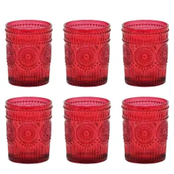 SET 6 PZ BICCHIERI IN VETRO DI COLORE ROSSO PER ACQUA BEVANDE CAPACITÀ 30CL CON DECORI