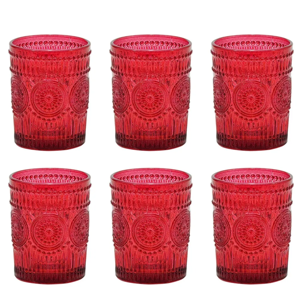 SET 6 PZ BICCHIERI IN VETRO DI COLORE ROSSO PER ACQUA BEVANDE CAPACITÀ 30CL CON DECORI